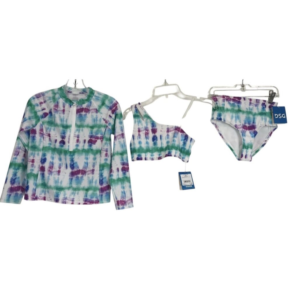 DSG Bikini And Rash guard Girls Size Small Swim‎ Tie Dye Purple Blue Green Set